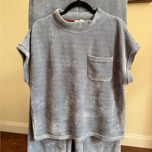 Umgee Ribbed Knit Lounge Set Blue Short Sleeve Top Wide Leg Pants L